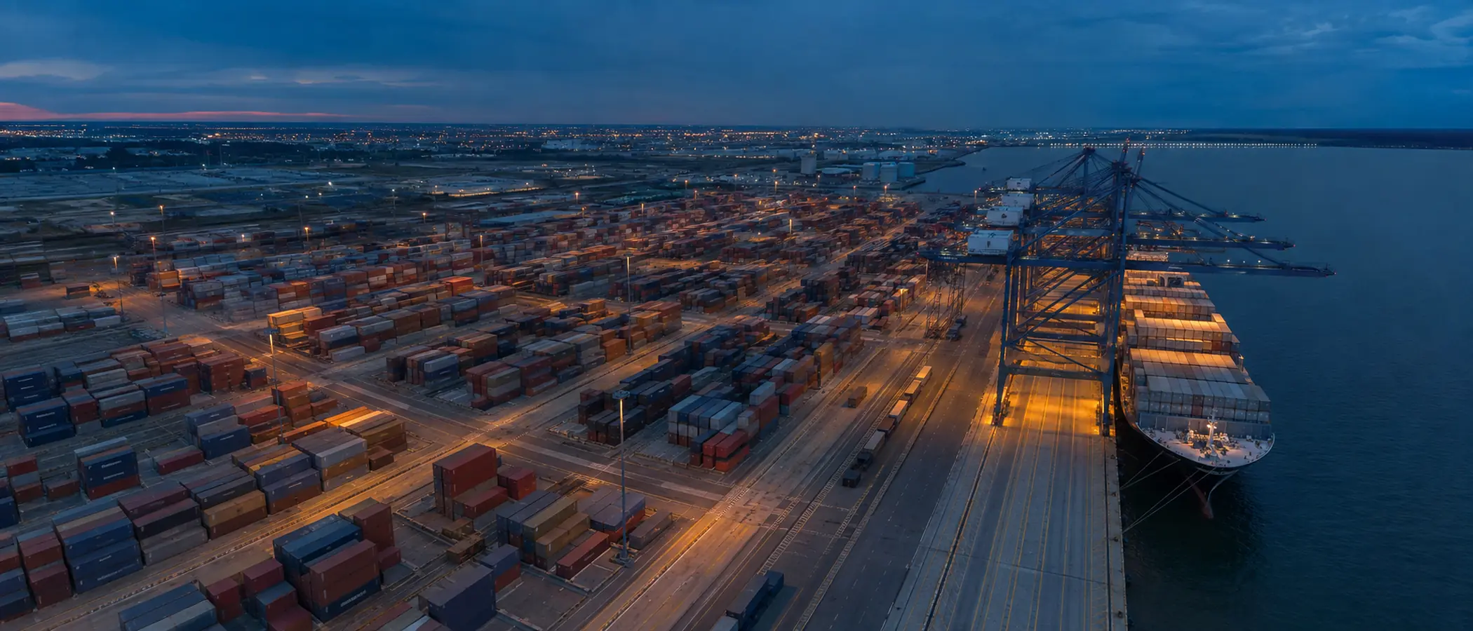 Aerial view of a container terminal at dusk with stacked containers, gantry cranes and a berthed vessel