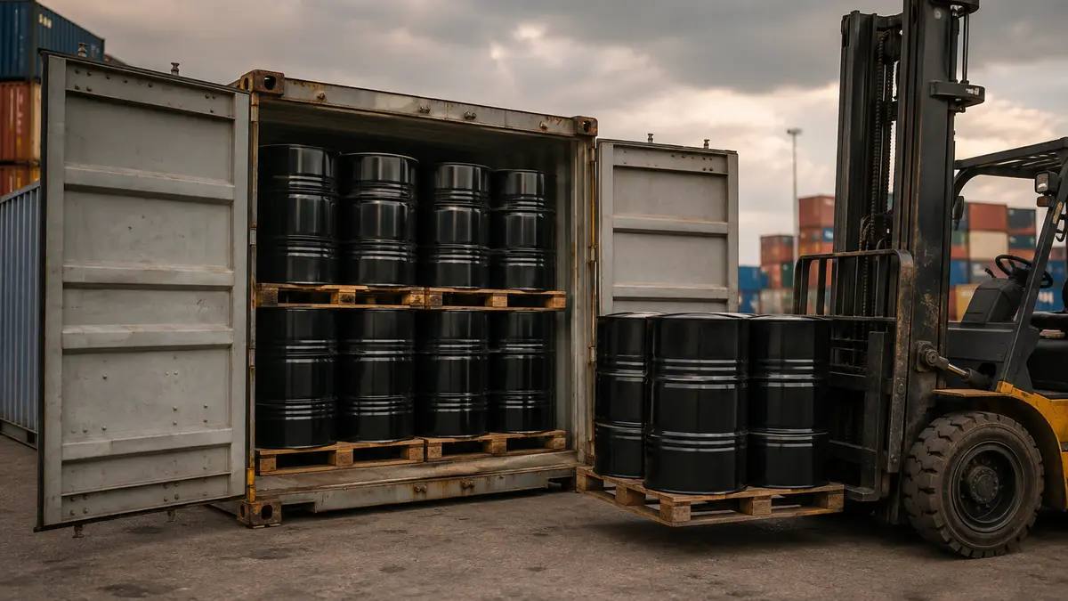 Forklift loading pallets of black bitumen drums into an open 20 foot shipping container at an export yard