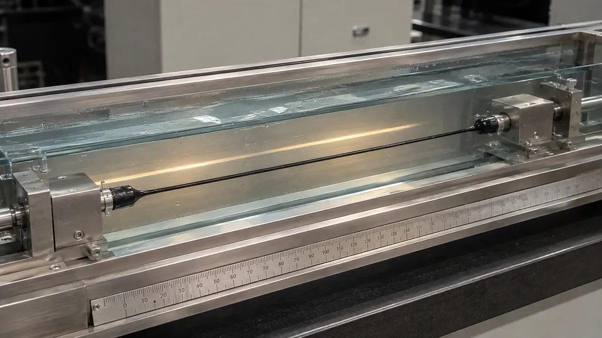 Bitumen ductility testing machine stretching a briquette into a thin thread inside a water bath