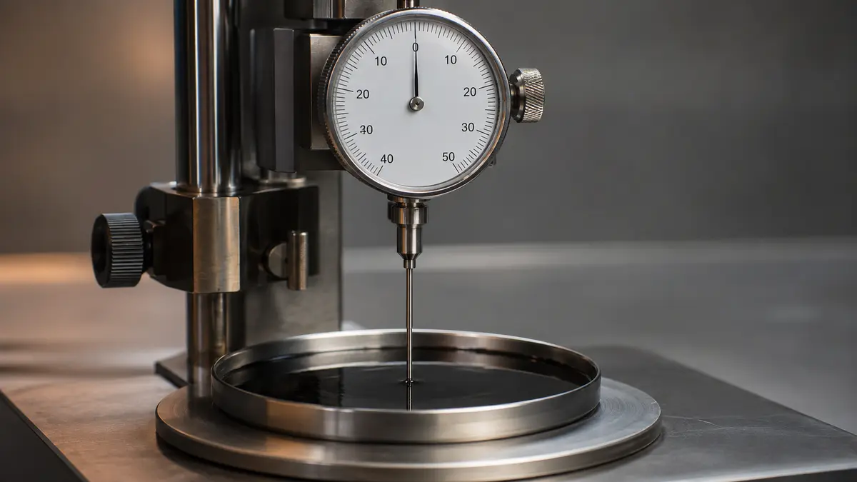 Penetration test on a bitumen sample, standard needle descending into the sample dish under a calibrated dial gauge