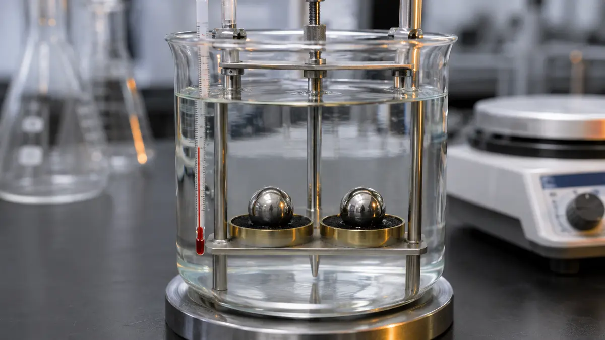 Ring and ball softening point apparatus with two steel balls resting on bitumen discs in a heated glass beaker