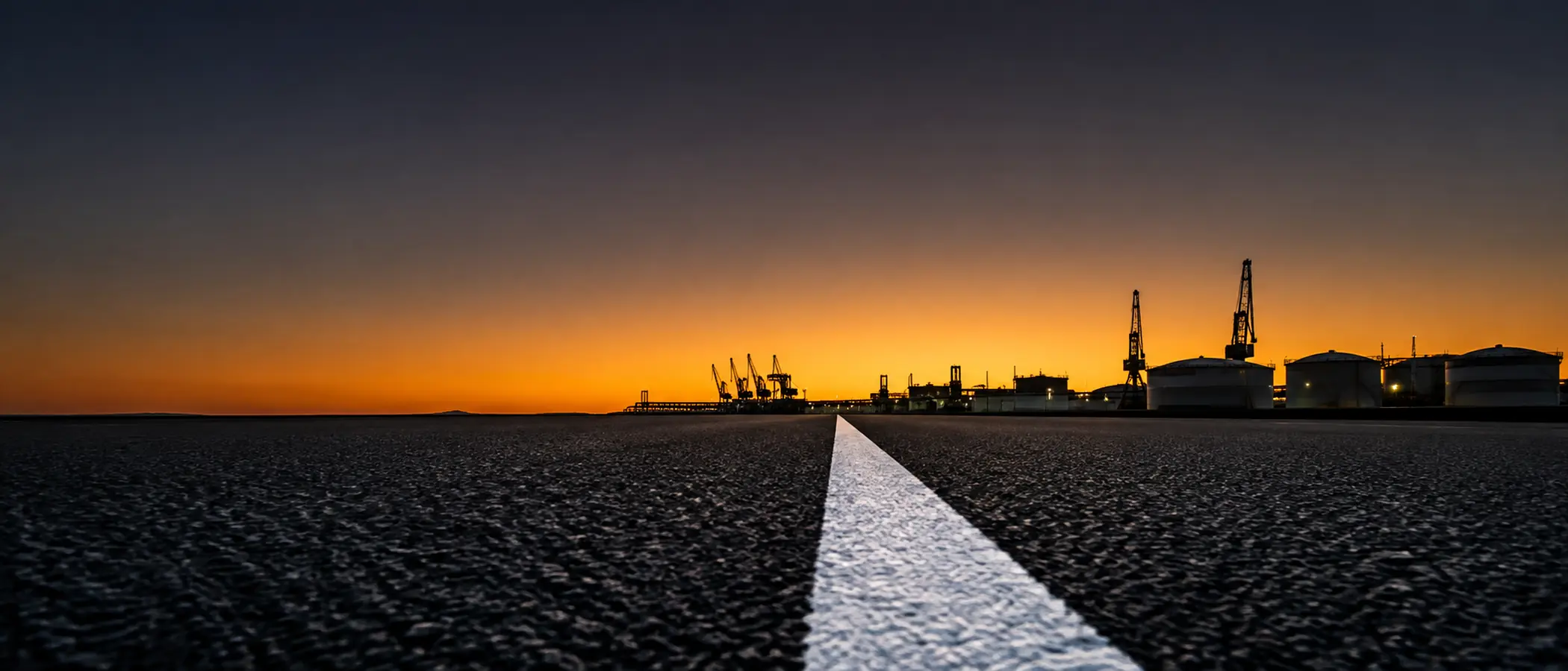 Freshly paved asphalt road stretching toward a port terminal silhouette at dusk under an amber sky