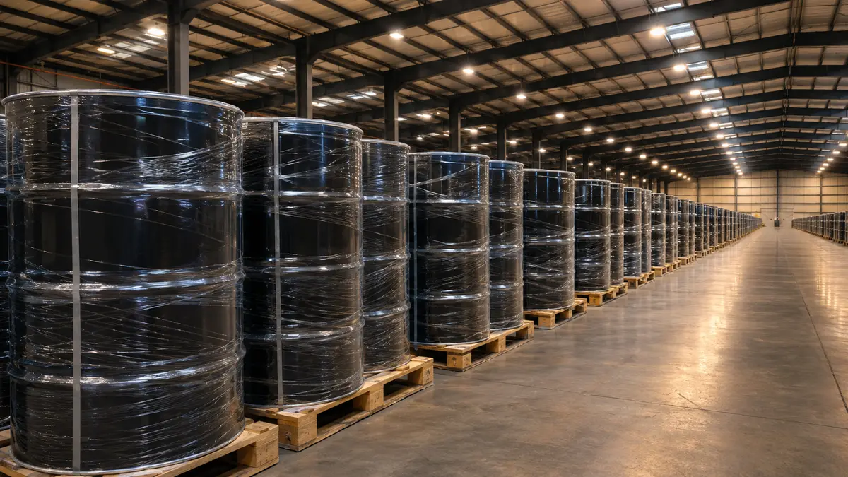 Rows of new steel drums filled with bitumen, shrink wrapped on wooden pallets in an export warehouse