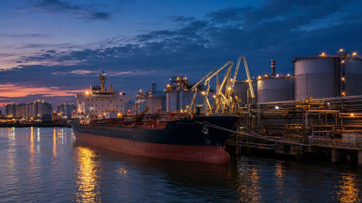 Bitumen tanker vessel berthed at an industrial port terminal at dusk with loading arms connected to shore tanks