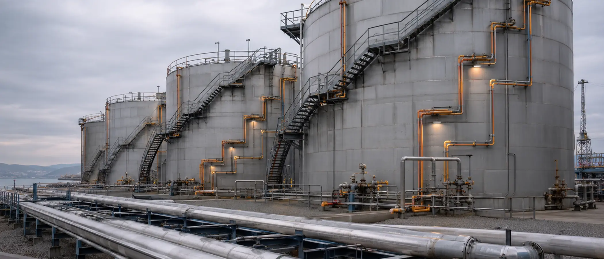 Row of insulated bitumen storage tanks with external pipework at a port export terminal in morning light