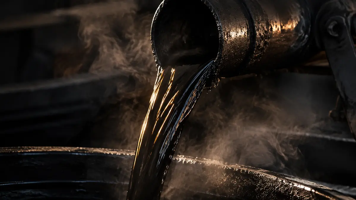 Hot liquid bitumen pouring in a thick black stream with visible steam and heat shimmer